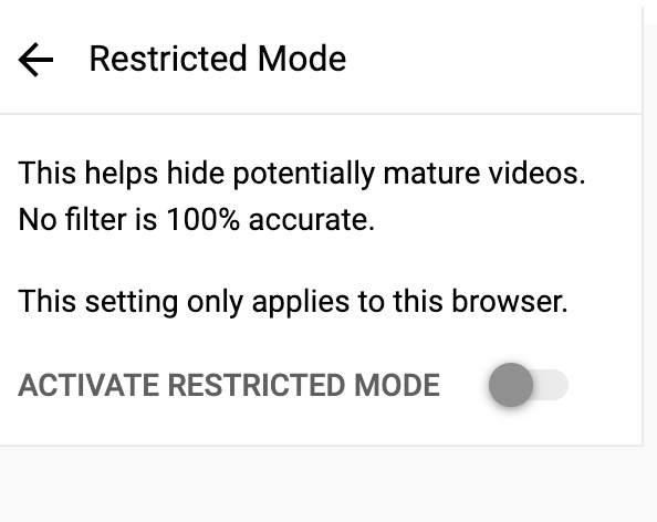 Turning on the restricted mode on Youtube 