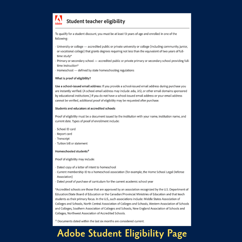 Adobe Student discount Teacher Eligibility Criteria page
