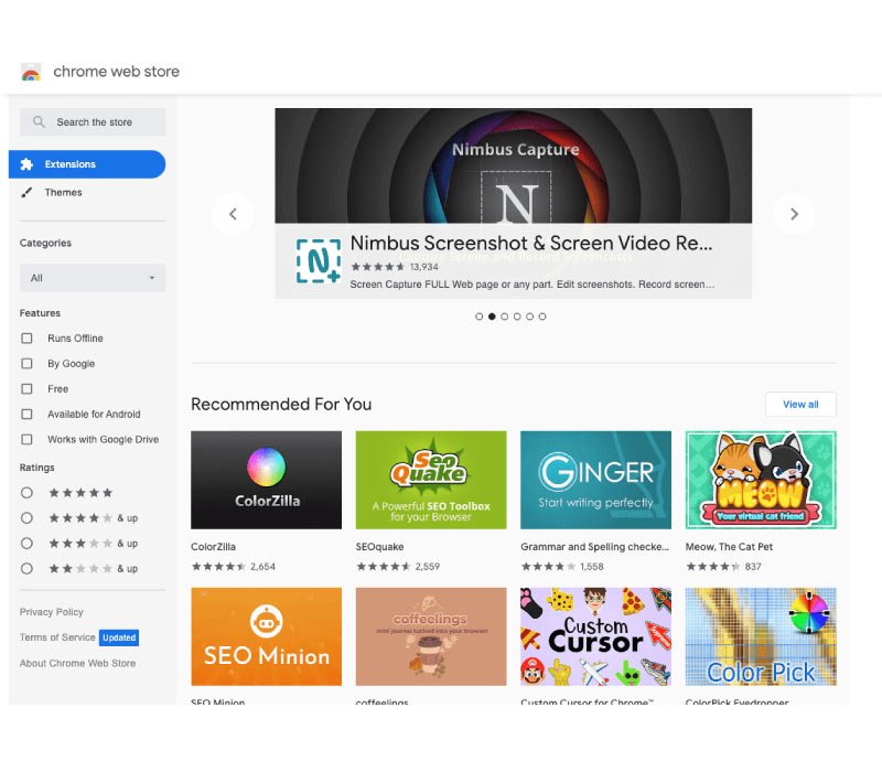 Chrome web store home page